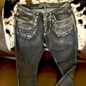 Robin’s Jean Black Jeans with Distressed Wax Coating, size 28